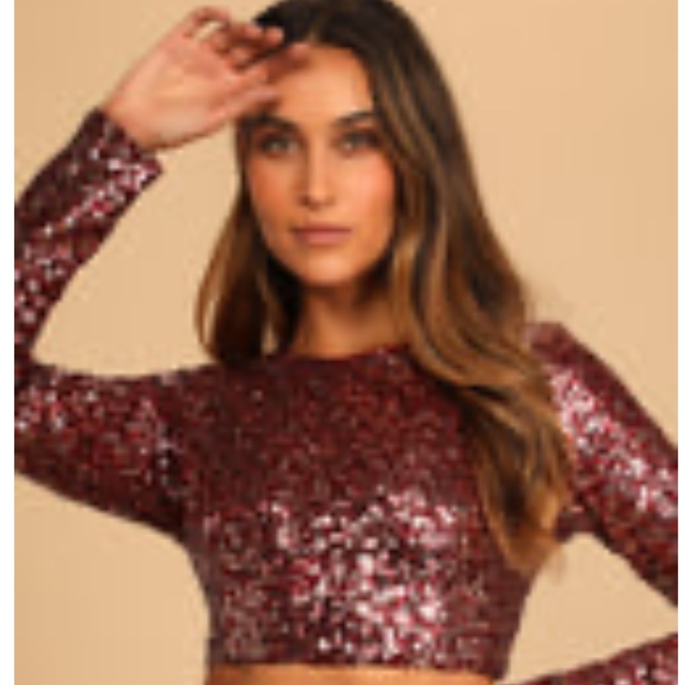 Lulu’s Prize Winner Gold and Burgundy Long Sleeve Crop Top